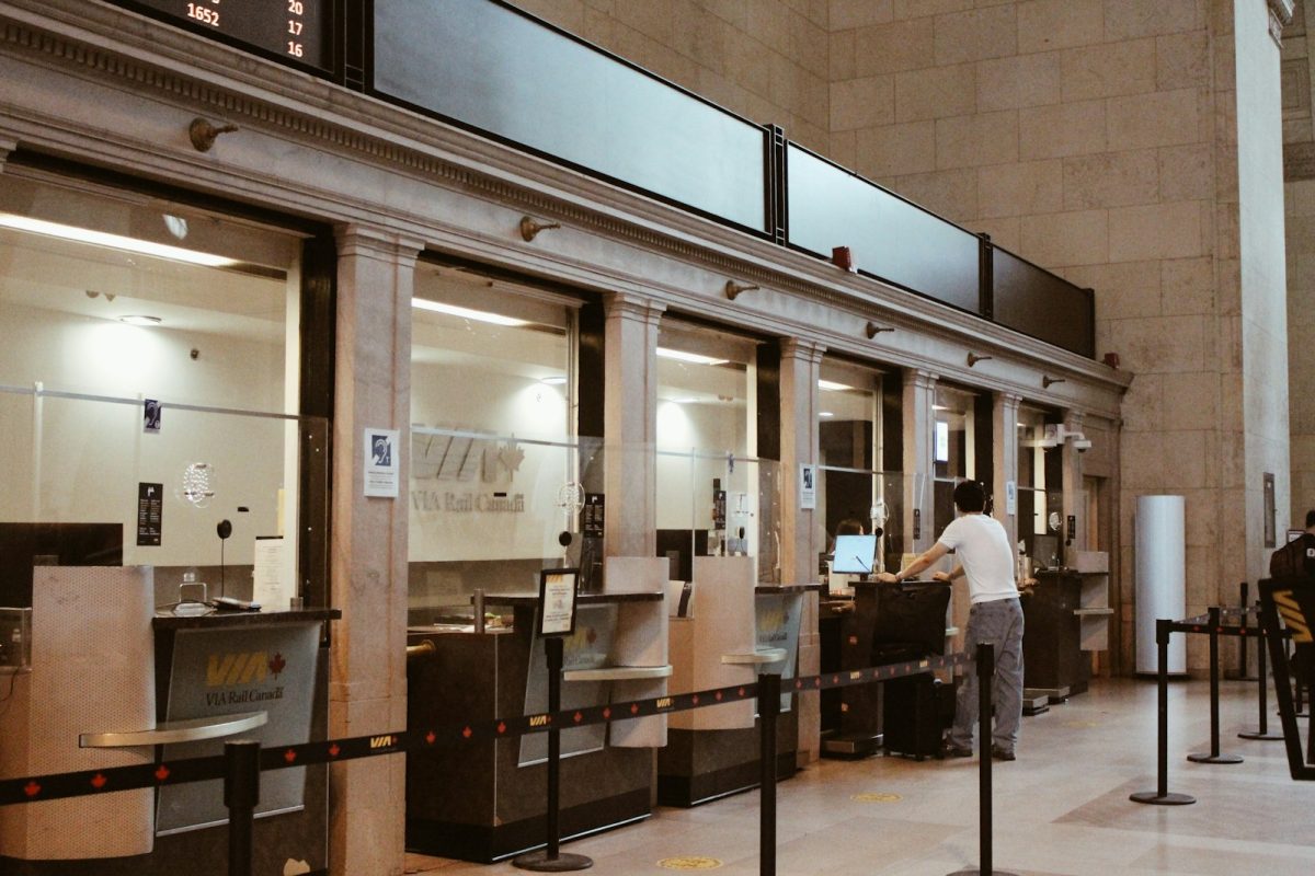 A banking hall with service counters